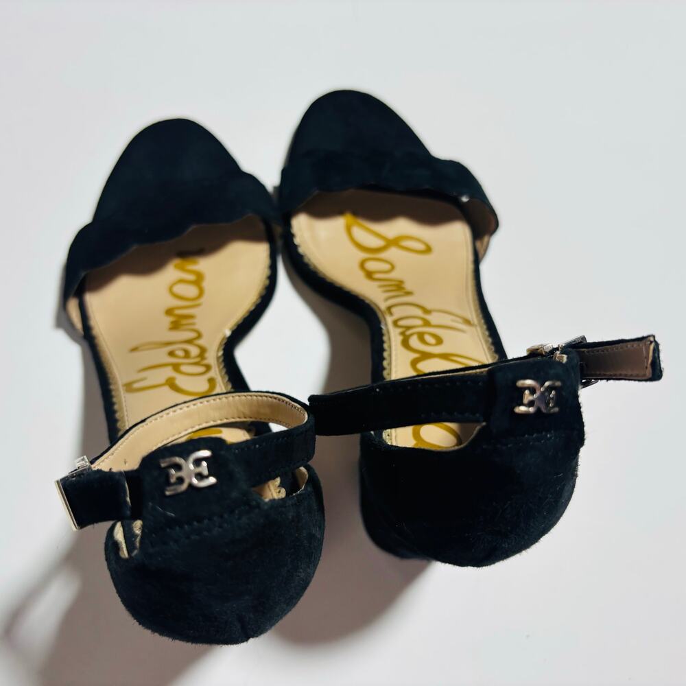 Sam Edelman Suede Scalloped Block Heel Sandals – Black Ankle Strap Heels - Picture 8 of 9